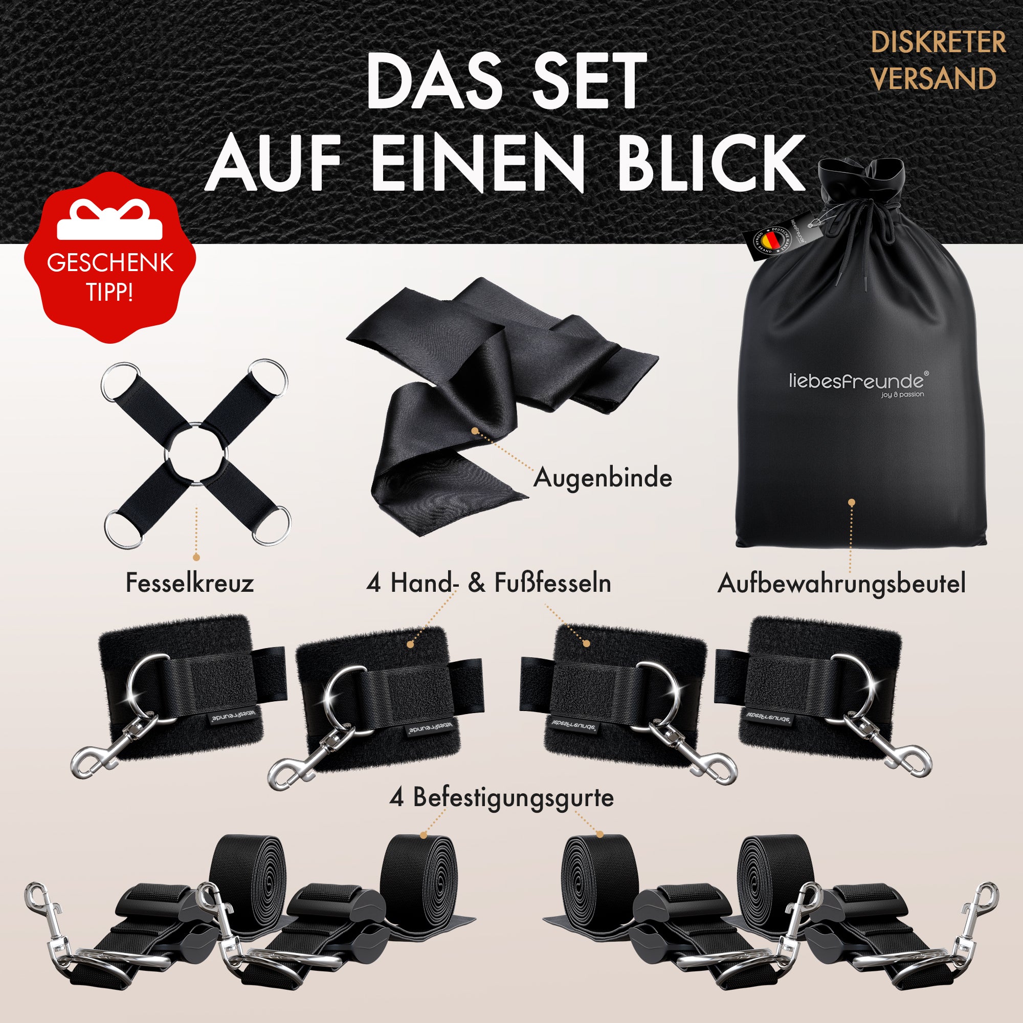 Liebesfreunde Bondage Bettfessel-Set inkl. Augenbinde Modell Easyfix