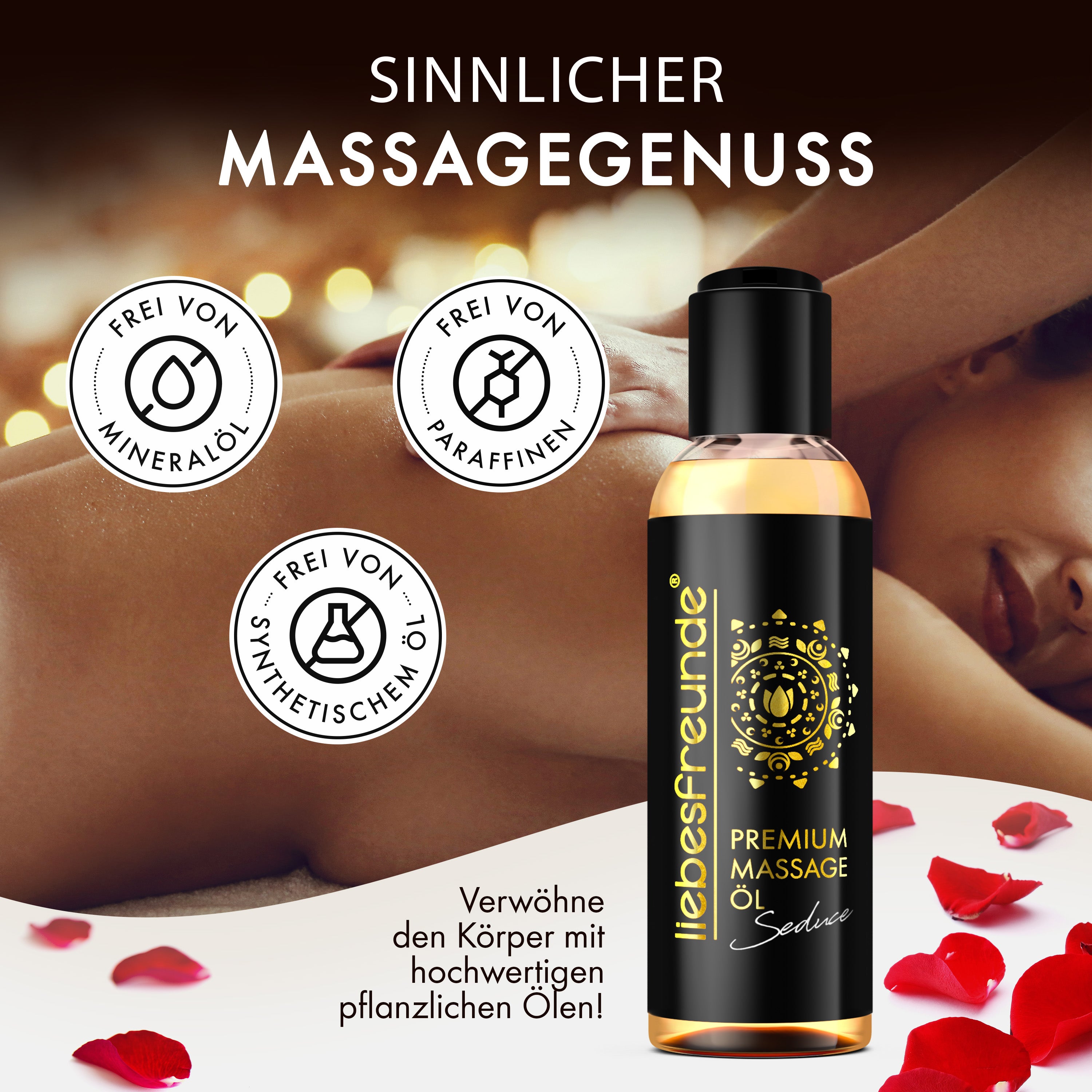 liebesfreunde® Massageöl PREMIUM für genussvolle Massagen - Erotik Massage Öl, 150 ml