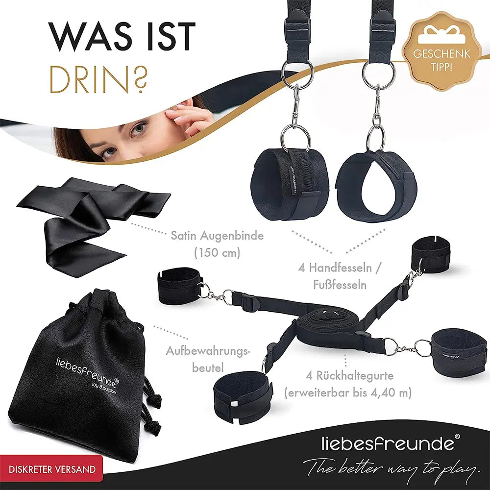 liebesfreunde® Bondage-Set Bett Fesseln Sex-Spielzeug für Paare I Extrem stabiles BDSM Fesselset mit Bettfesseln, Handschellen, Augenbinde