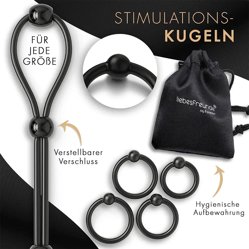 liebesfreunde® Eichelringe und Penisschlaufen mit Stimulationskugeln - Penisring Cockring Sexspielzeug für Paare für extrem Sex Schwarz