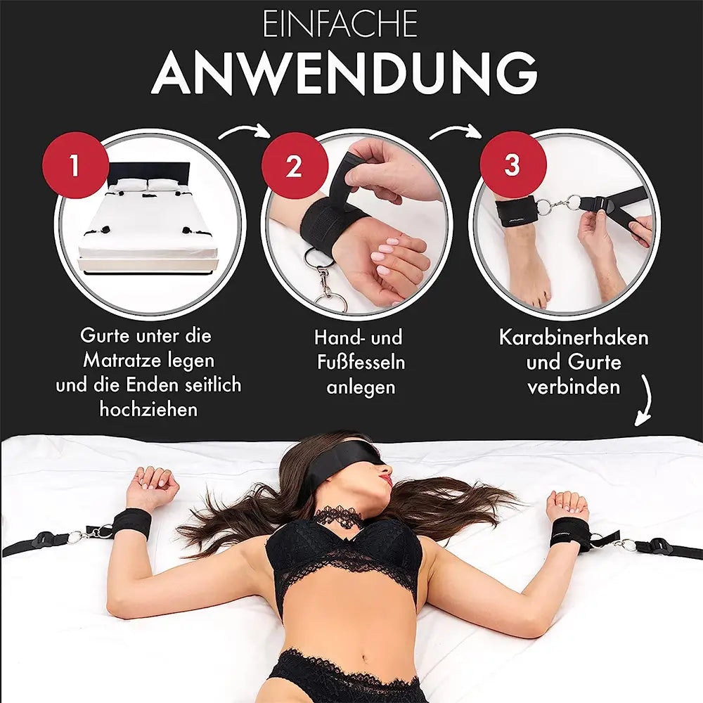 liebesfreunde® Bondage-Set Bett Fesseln Sex-Spielzeug für Paare I Extrem stabiles BDSM Fesselset mit Bettfesseln, Handschellen, Augenbinde