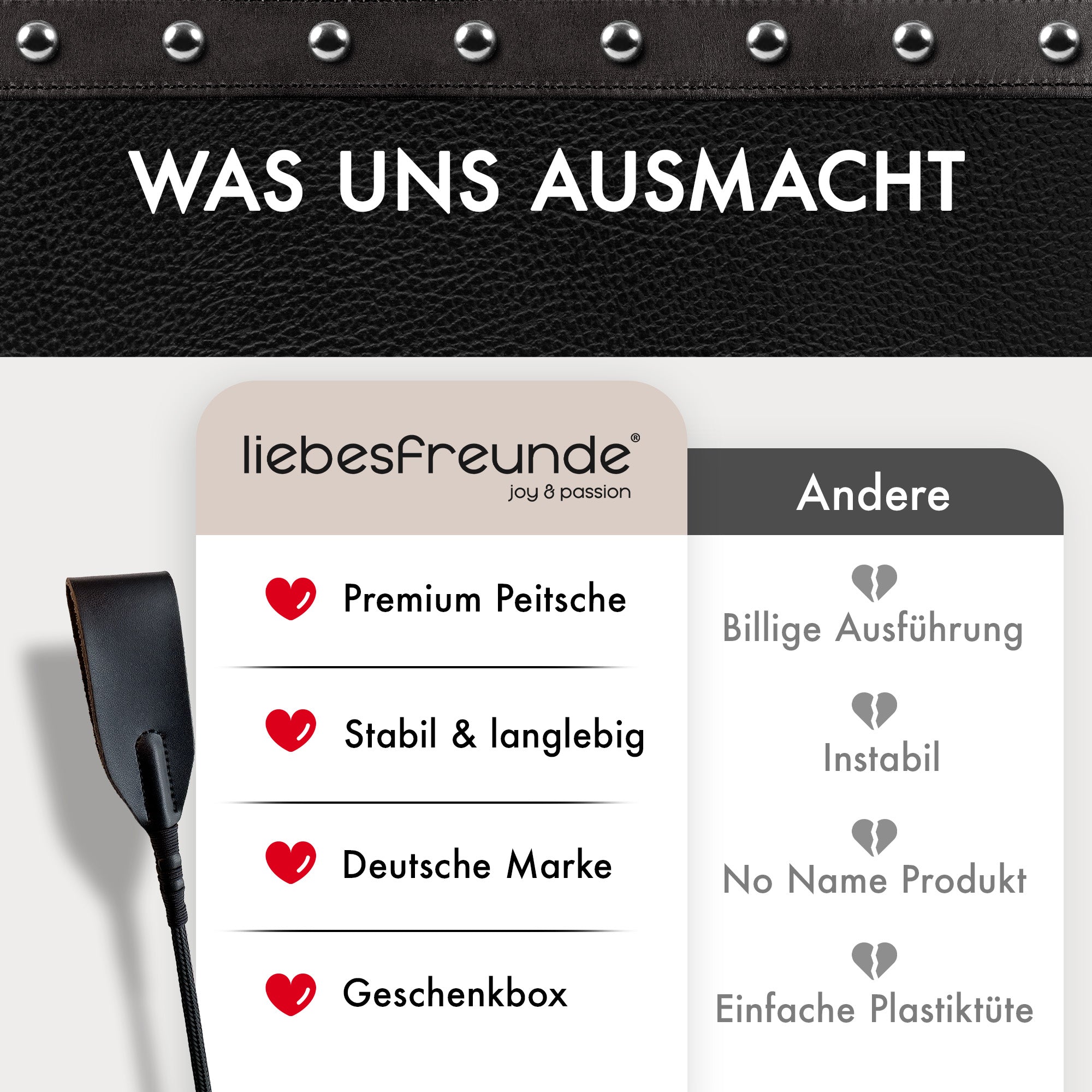 Liebesfreunde® Peitsche für heiße BDSM Abenteuer I SM Gerte Sex Spielzeug extrem hart für Frauen und Männer I Reitgerte Sexspielzeug für Paare