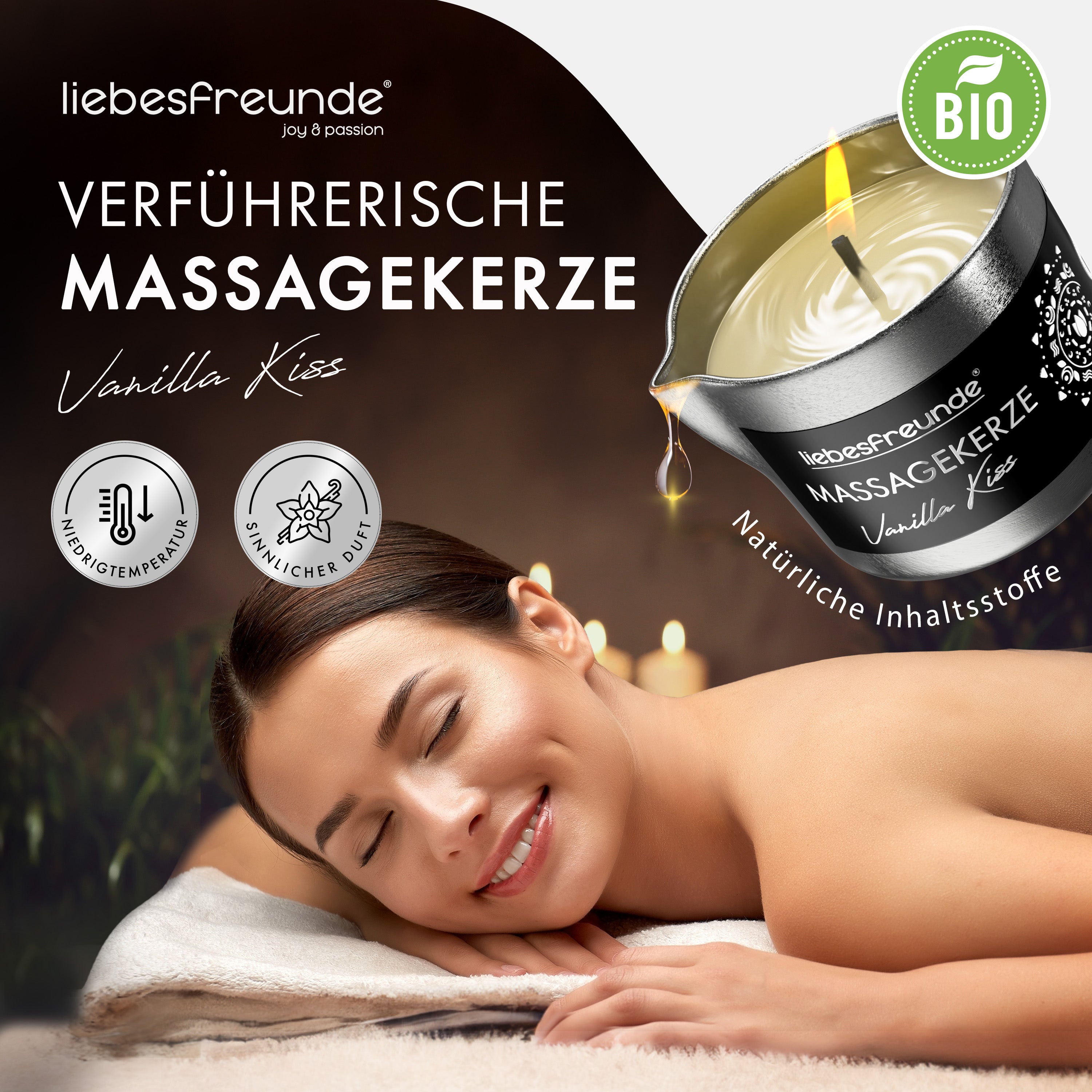 liebesfreunde® Bio Massagekerze VANILLA KISS für sinnliche Massagen mit Kokosöl und Aloe Vera, Erotische Massage Kerze für Paare, Sex Kerze, 50 ml