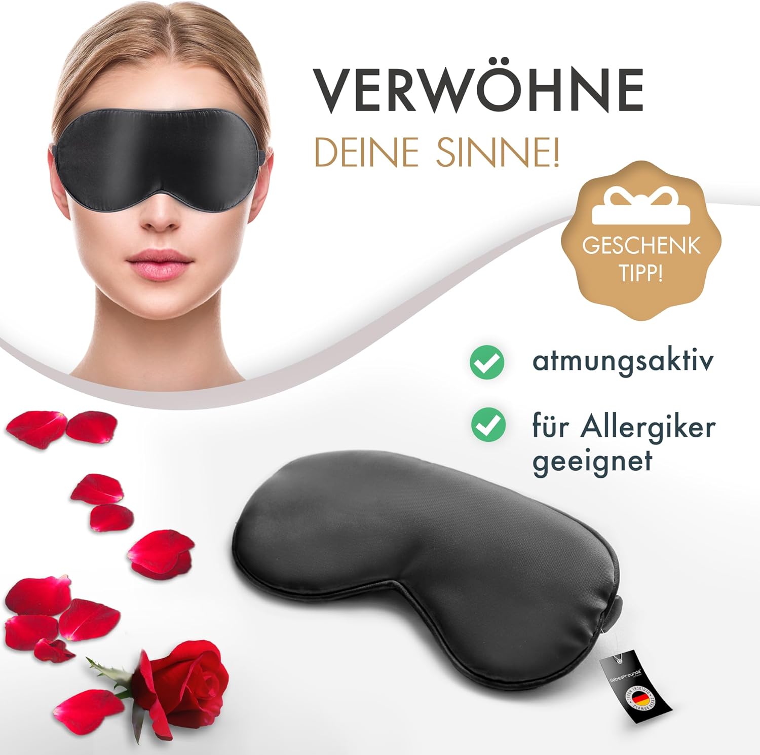 liebesfreunde® Augenmaske aus 100% echter Seide - bequem & weich - Schlafmaske für Frauen und Männer - Augenbinde, schwarz