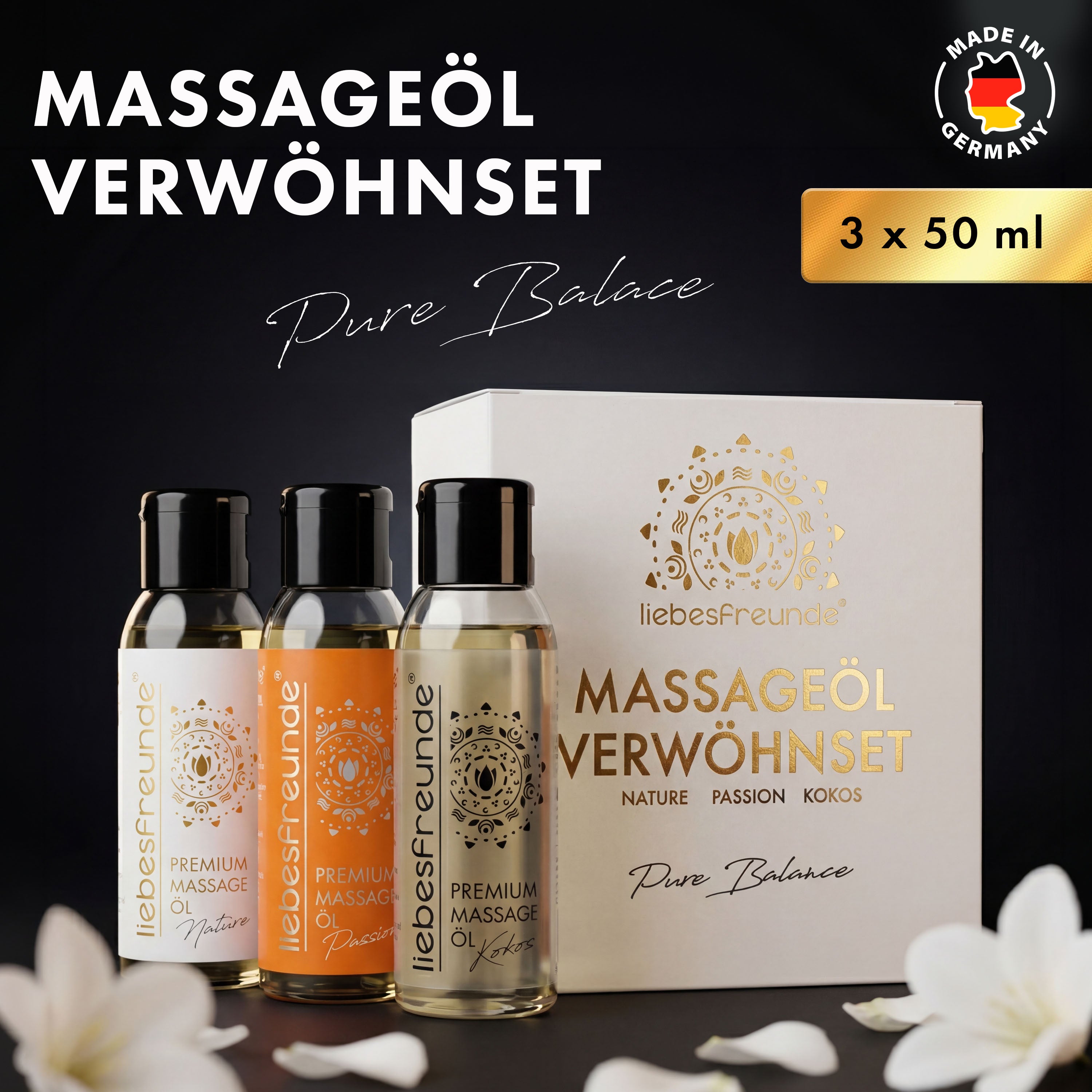 Liebesfreunde Massageöl Geschenkset Pure Balance, 3 x 50 ml